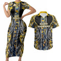 Aotearoa Ngati Raukawa Couples Matching Short Sleeve Bodycon Dress and Hawaiian Shirt Maori Tribal Yellow And Navy Paua Shell Pattern