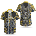 Aotearoa Ngati Raukawa Couples Matching Short Sleeve Bodycon Dress and Hawaiian Shirt Maori Tribal Yellow And Navy Paua Shell Pattern