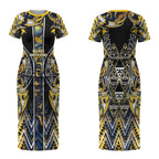 Aotearoa Ngati Raukawa Couples Matching Short Sleeve Bodycon Dress and Hawaiian Shirt Maori Tribal Yellow And Navy Paua Shell Pattern