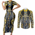 Aotearoa Ngati Raukawa Couples Matching Short Sleeve Bodycon Dress and Long Sleeve Button Shirt Maori Tribal Yellow And Navy Paua Shell Pattern