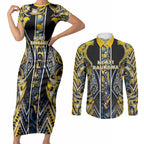 Aotearoa Ngati Raukawa Couples Matching Short Sleeve Bodycon Dress and Long Sleeve Button Shirt Maori Tribal Yellow And Navy Paua Shell Pattern