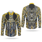 Aotearoa Ngati Raukawa Couples Matching Short Sleeve Bodycon Dress and Long Sleeve Button Shirt Maori Tribal Yellow And Navy Paua Shell Pattern