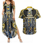 Aotearoa Ngati Raukawa Couples Matching Summer Maxi Dress and Hawaiian Shirt Maori Tribal Yellow And Navy Paua Shell Pattern