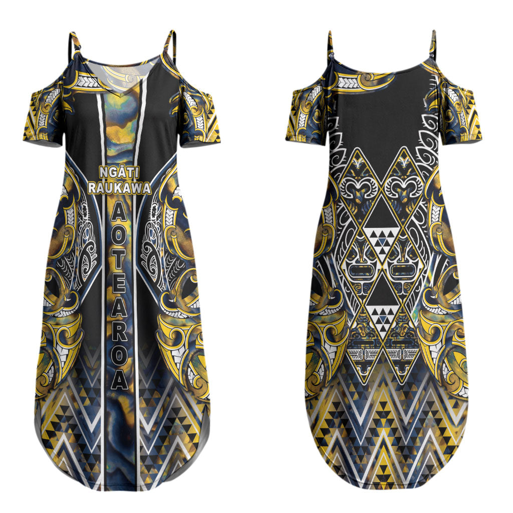 Aotearoa Ngati Raukawa Couples Matching Summer Maxi Dress and Hawaiian Shirt Maori Tribal Yellow And Navy Paua Shell Pattern