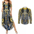 Aotearoa Ngati Raukawa Couples Matching Summer Maxi Dress and Long Sleeve Button Shirt Maori Tribal Yellow And Navy Paua Shell Pattern