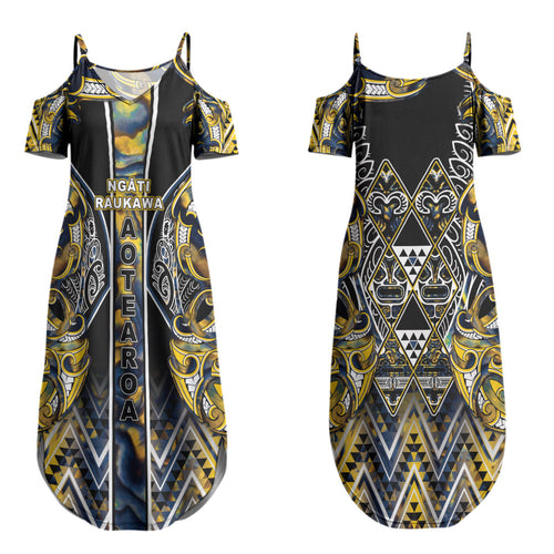 Aotearoa Ngati Raukawa Couples Matching Summer Maxi Dress and Long Sleeve Button Shirt Maori Tribal Yellow And Navy Paua Shell Pattern