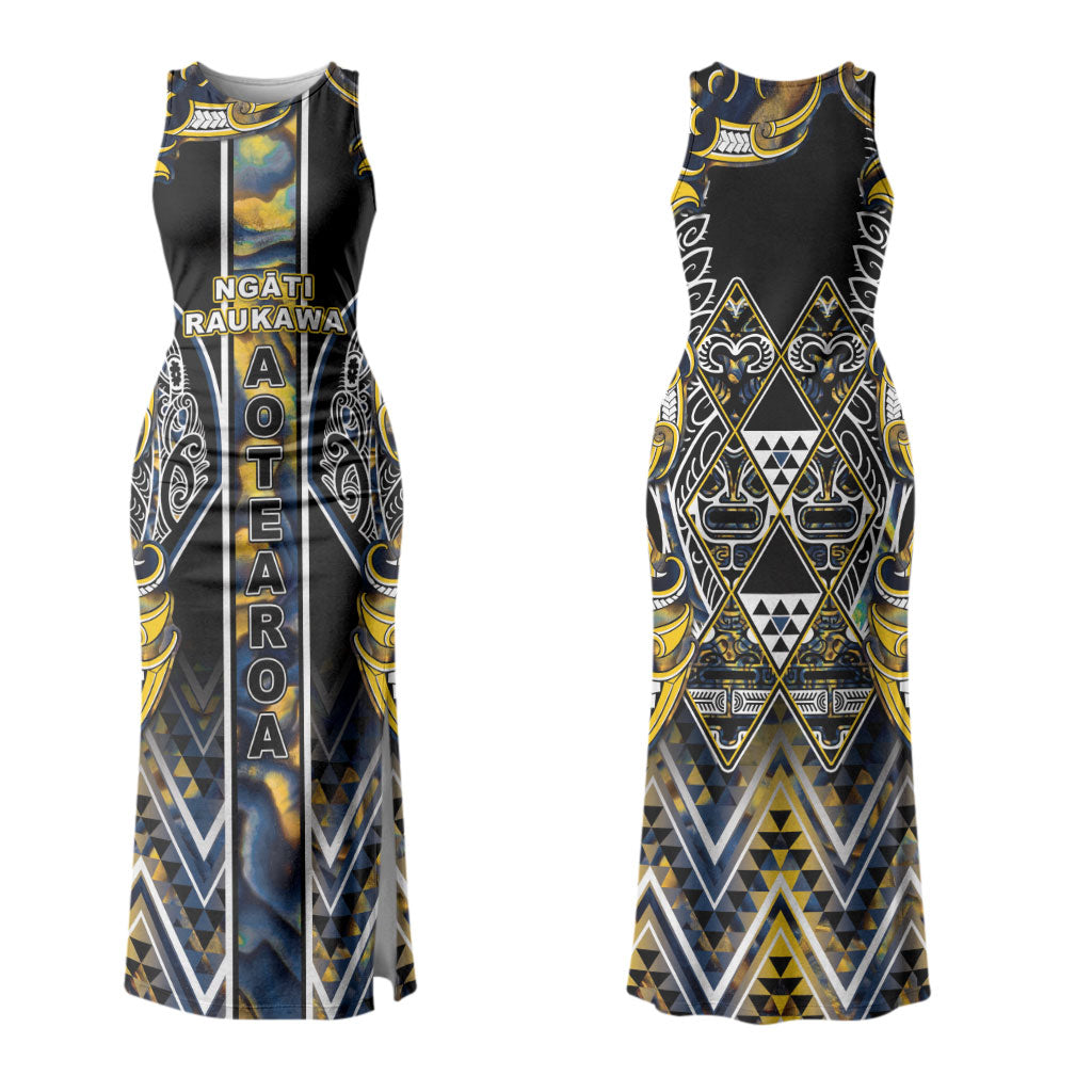 Aotearoa Ngati Raukawa Couples Matching Tank Maxi Dress and Hawaiian Shirt Maori Tribal Yellow And Navy Paua Shell Pattern