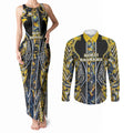Aotearoa Ngati Raukawa Couples Matching Tank Maxi Dress and Long Sleeve Button Shirt Maori Tribal Yellow And Navy Paua Shell Pattern