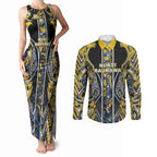 Aotearoa Ngati Raukawa Couples Matching Tank Maxi Dress and Long Sleeve Button Shirt Maori Tribal Yellow And Navy Paua Shell Pattern