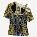 Aotearoa Ngati Raukawa Cross Shoulder Shirt Maori Tribal Yellow And Navy Paua Shell Pattern