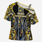 Aotearoa Ngati Raukawa Cross Shoulder Shirt Maori Tribal Yellow And Navy Paua Shell Pattern