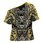 Aotearoa Ngati Raukawa Cross Shoulder Shirt Maori Tribal Yellow And Navy Paua Shell Pattern