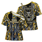 Aotearoa Ngati Raukawa Cross Shoulder Shirt Maori Tribal Yellow And Navy Paua Shell Pattern