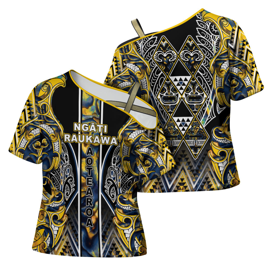 Aotearoa Ngati Raukawa Cross Shoulder Shirt Maori Tribal Yellow And Navy Paua Shell Pattern