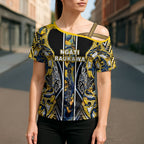 Aotearoa Ngati Raukawa Cross Shoulder Shirt Maori Tribal Yellow And Navy Paua Shell Pattern