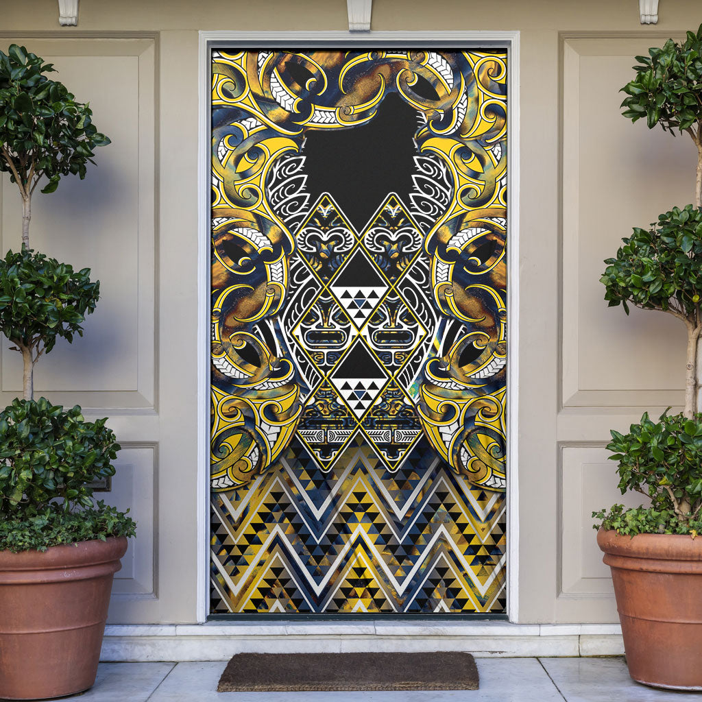 Aotearoa Ngati Raukawa Door Cover Maori Tribal Yellow And Navy Paua Shell Pattern
