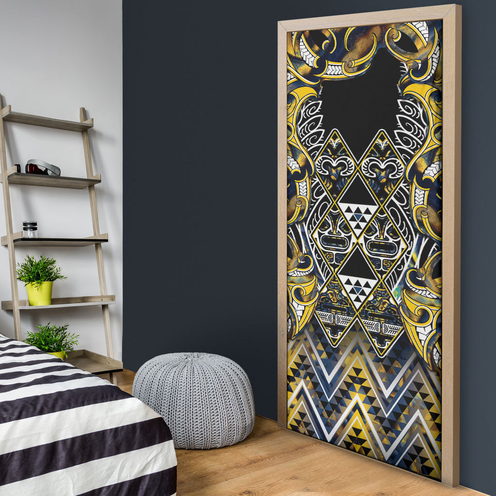 Aotearoa Ngati Raukawa Door Cover Maori Tribal Yellow And Navy Paua Shell Pattern