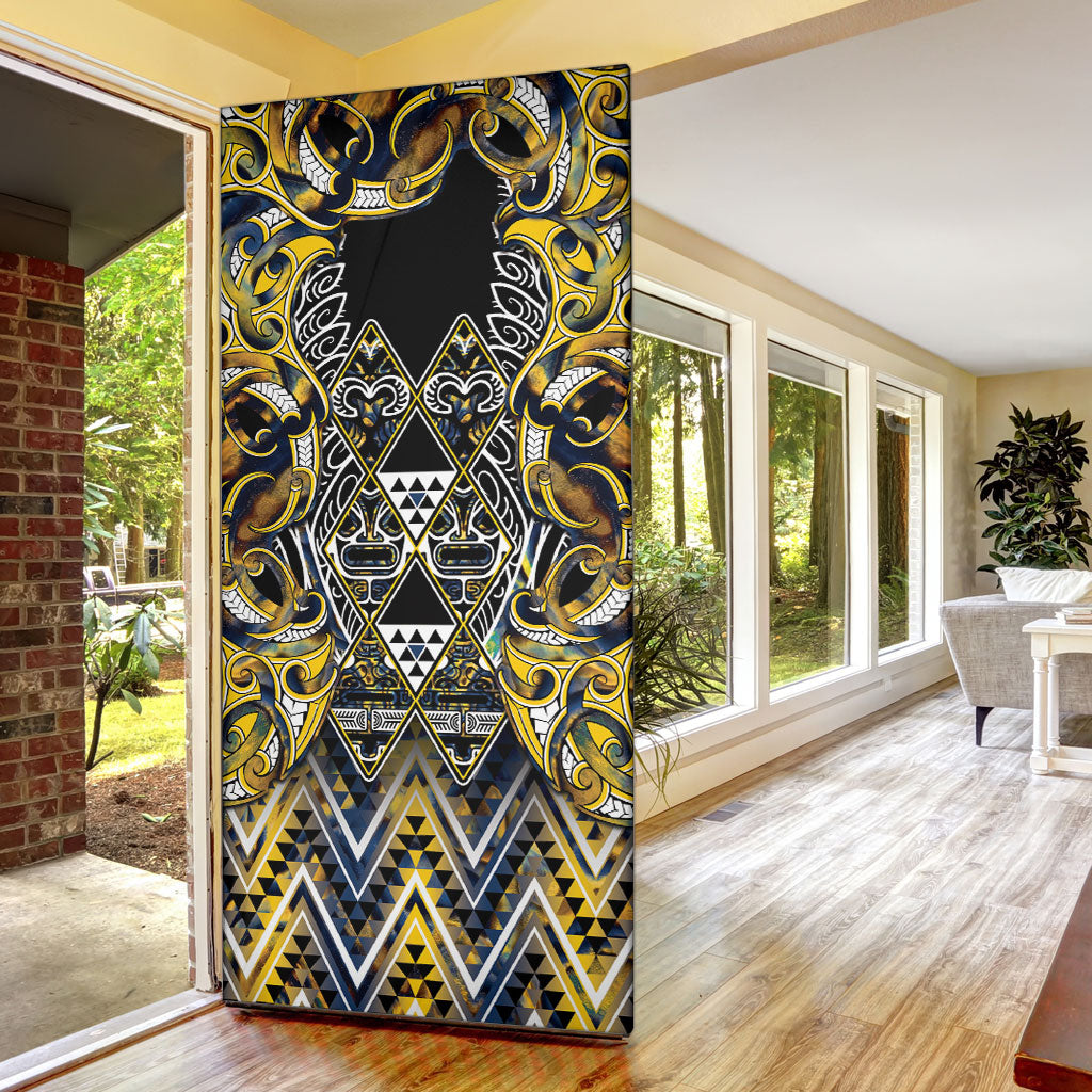 Aotearoa Ngati Raukawa Door Cover Maori Tribal Yellow And Navy Paua Shell Pattern