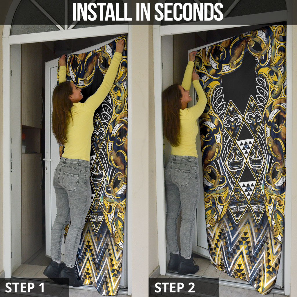 Aotearoa Ngati Raukawa Door Cover Maori Tribal Yellow And Navy Paua Shell Pattern