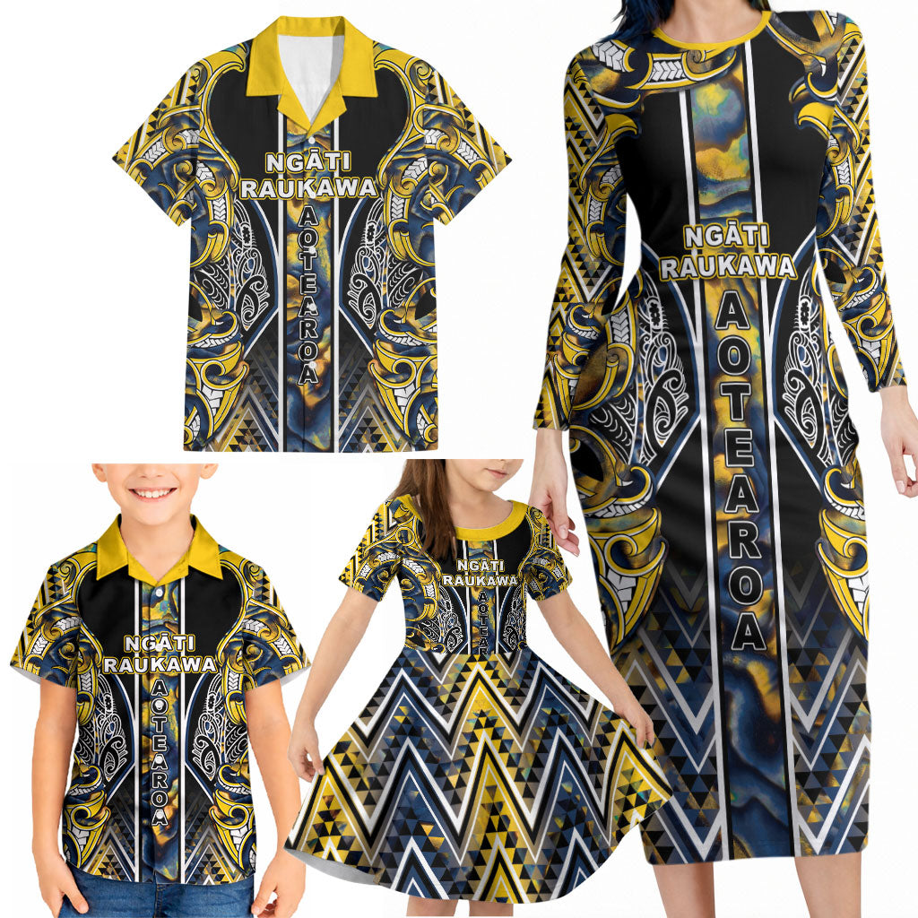 Aotearoa Ngati Raukawa Family Matching Long Sleeve Bodycon Dress and Hawaiian Shirt Maori Tribal Yellow And Navy Paua Shell Pattern