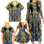 Aotearoa Ngati Raukawa Family Matching Long Sleeve Bodycon Dress and Hawaiian Shirt Maori Tribal Yellow And Navy Paua Shell Pattern
