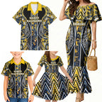 Aotearoa Ngati Raukawa Family Matching Mermaid Dress and Hawaiian Shirt Maori Tribal Yellow And Navy Paua Shell Pattern