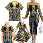 Aotearoa Ngati Raukawa Family Matching Off The Shoulder Long Sleeve Dress and Hawaiian Shirt Maori Tribal Yellow And Navy Paua Shell Pattern