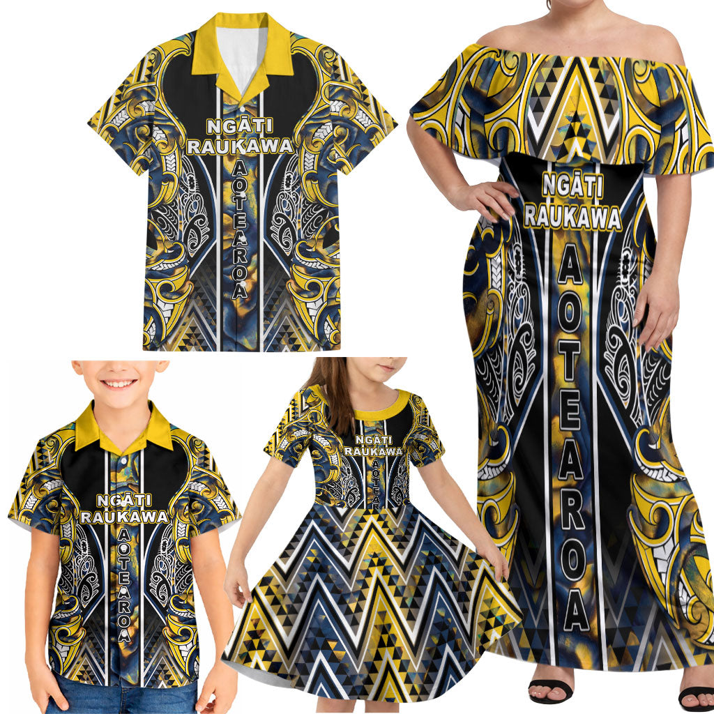 Aotearoa Ngati Raukawa Family Matching Off Shoulder Maxi Dress and Hawaiian Shirt Maori Tribal Yellow And Navy Paua Shell Pattern