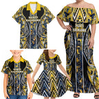 Aotearoa Ngati Raukawa Family Matching Off Shoulder Maxi Dress and Hawaiian Shirt Maori Tribal Yellow And Navy Paua Shell Pattern
