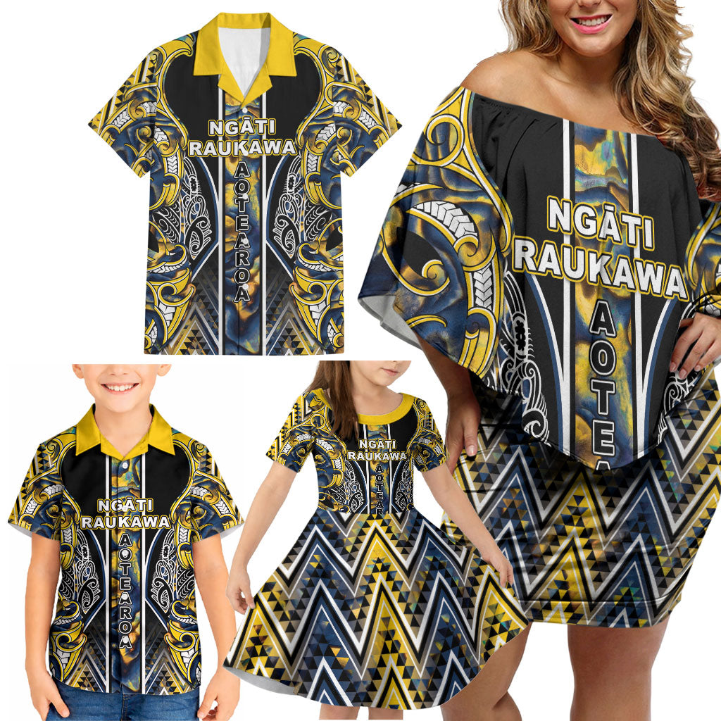 Aotearoa Ngati Raukawa Family Matching Off Shoulder Short Dress and Hawaiian Shirt Maori Tribal Yellow And Navy Paua Shell Pattern