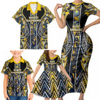 Aotearoa Ngati Raukawa Family Matching Short Sleeve Bodycon Dress and Hawaiian Shirt Maori Tribal Yellow And Navy Paua Shell Pattern