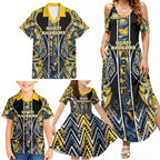 Aotearoa Ngati Raukawa Family Matching Summer Maxi Dress and Hawaiian Shirt Maori Tribal Yellow And Navy Paua Shell Pattern