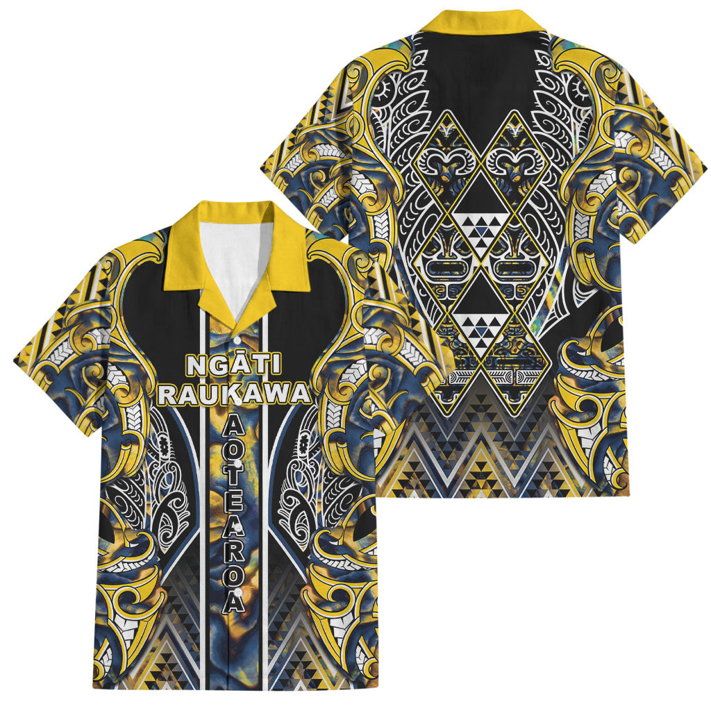 Aotearoa Ngati Raukawa Family Matching Summer Maxi Dress and Hawaiian Shirt Maori Tribal Yellow And Navy Paua Shell Pattern