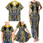 Aotearoa Ngati Raukawa Family Matching Tank Maxi Dress and Hawaiian Shirt Maori Tribal Yellow And Navy Paua Shell Pattern