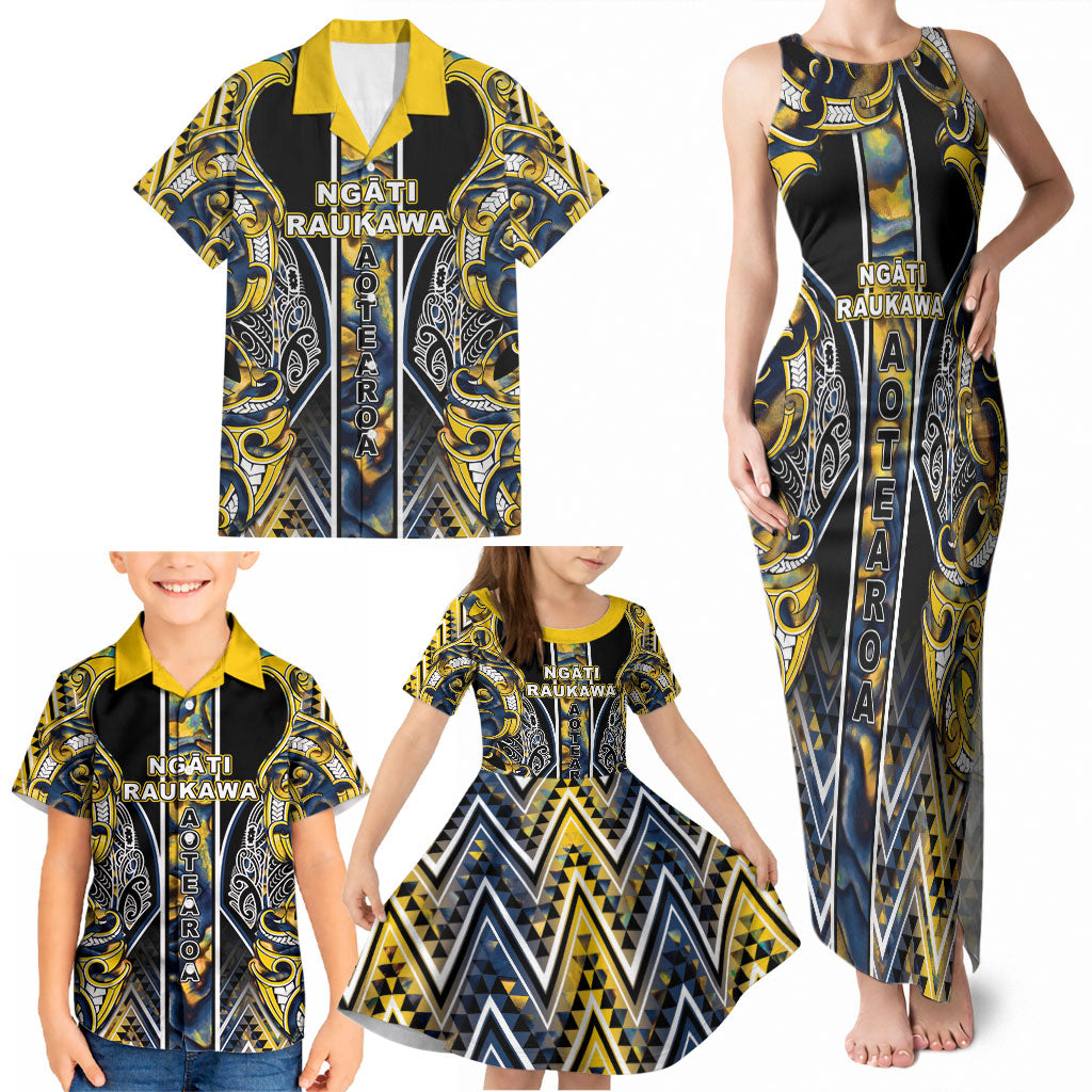 Aotearoa Ngati Raukawa Family Matching Tank Maxi Dress and Hawaiian Shirt Maori Tribal Yellow And Navy Paua Shell Pattern
