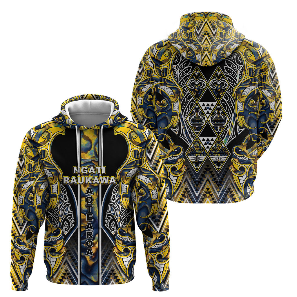 Aotearoa Ngati Raukawa Hoodie Maori Tribal Yellow And Navy Paua Shell Pattern