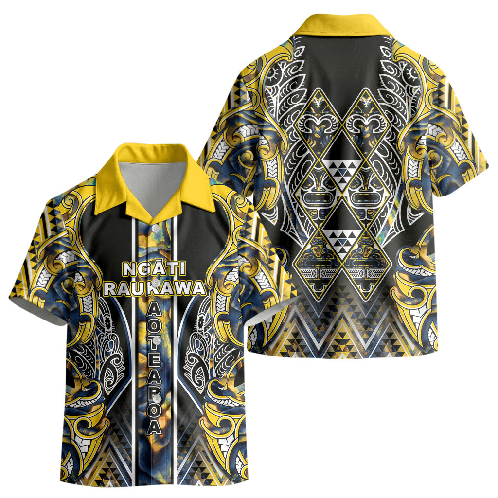Aotearoa Ngati Raukawa Kid Hawaiian Shirt Maori Tribal Yellow And Navy Paua Shell Pattern