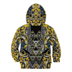 Aotearoa Ngati Raukawa Kid Hoodie Maori Tribal Yellow And Navy Paua Shell Pattern