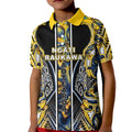 Aotearoa Ngati Raukawa Kid Polo Shirt Maori Tribal Yellow And Navy Paua Shell Pattern