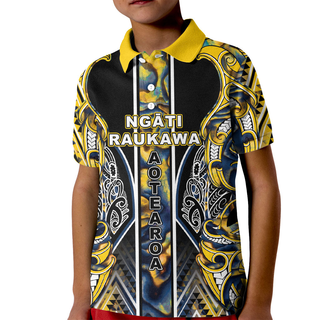 Aotearoa Ngati Raukawa Kid Polo Shirt Maori Tribal Yellow And Navy Paua Shell Pattern