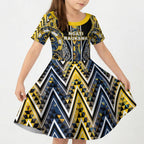 Aotearoa Ngati Raukawa Kid Short Sleeve Dress Maori Tribal Yellow And Navy Paua Shell Pattern
