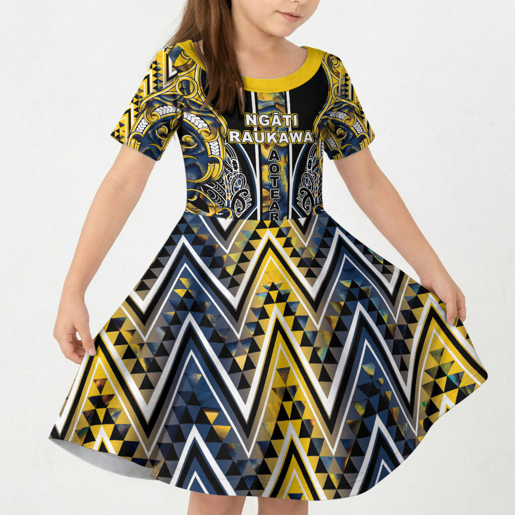 Aotearoa Ngati Raukawa Kid Short Sleeve Dress Maori Tribal Yellow And Navy Paua Shell Pattern