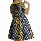 Aotearoa Ngati Raukawa Kid Short Sleeve Dress Maori Tribal Yellow And Navy Paua Shell Pattern