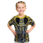 Aotearoa Ngati Raukawa Kid T Shirt Maori Tribal Yellow And Navy Paua Shell Pattern