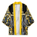 Aotearoa Ngati Raukawa Kimono Maori Tribal Yellow And Navy Paua Shell Pattern