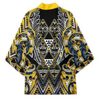 Aotearoa Ngati Raukawa Kimono Maori Tribal Yellow And Navy Paua Shell Pattern
