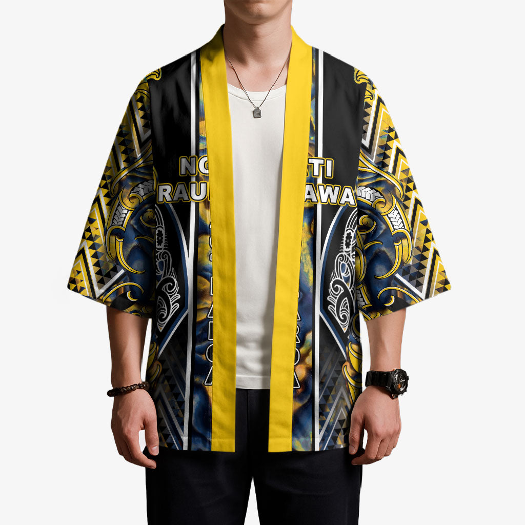 Aotearoa Ngati Raukawa Kimono Maori Tribal Yellow And Navy Paua Shell Pattern