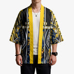 Aotearoa Ngati Raukawa Kimono Maori Tribal Yellow And Navy Paua Shell Pattern