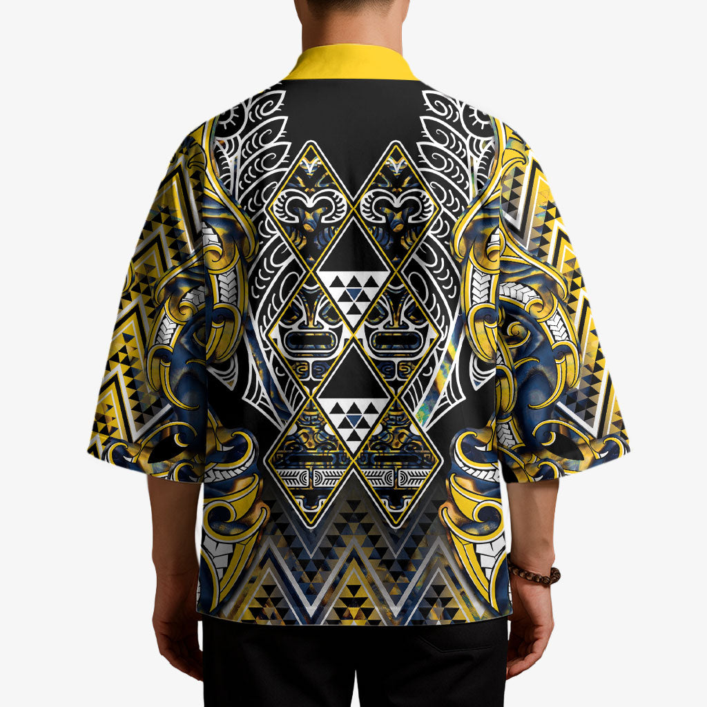 Aotearoa Ngati Raukawa Kimono Maori Tribal Yellow And Navy Paua Shell Pattern