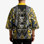 Aotearoa Ngati Raukawa Kimono Maori Tribal Yellow And Navy Paua Shell Pattern